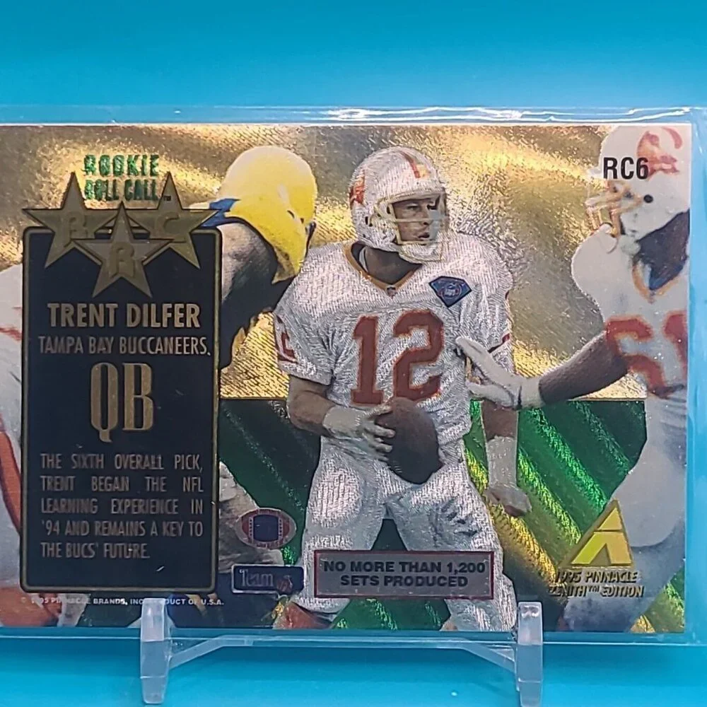 NFL this 1995 pinnacle zenith rookie roll call trading card features trent dilfer  who played for the tampa bay buccaneers